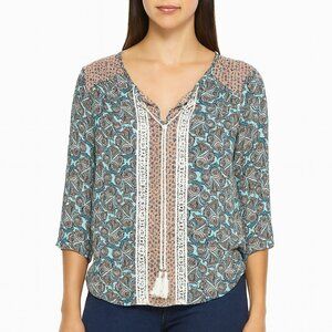 DR2 Women's blue pink patterned boho blouse Size S roll sleeve tassels